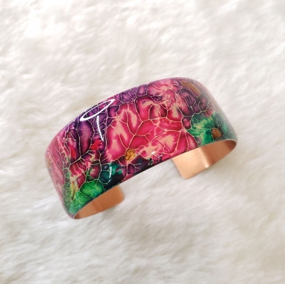 VINTAGE Jewel Tones Abstract Floral Print Copper Cuff Bracelet